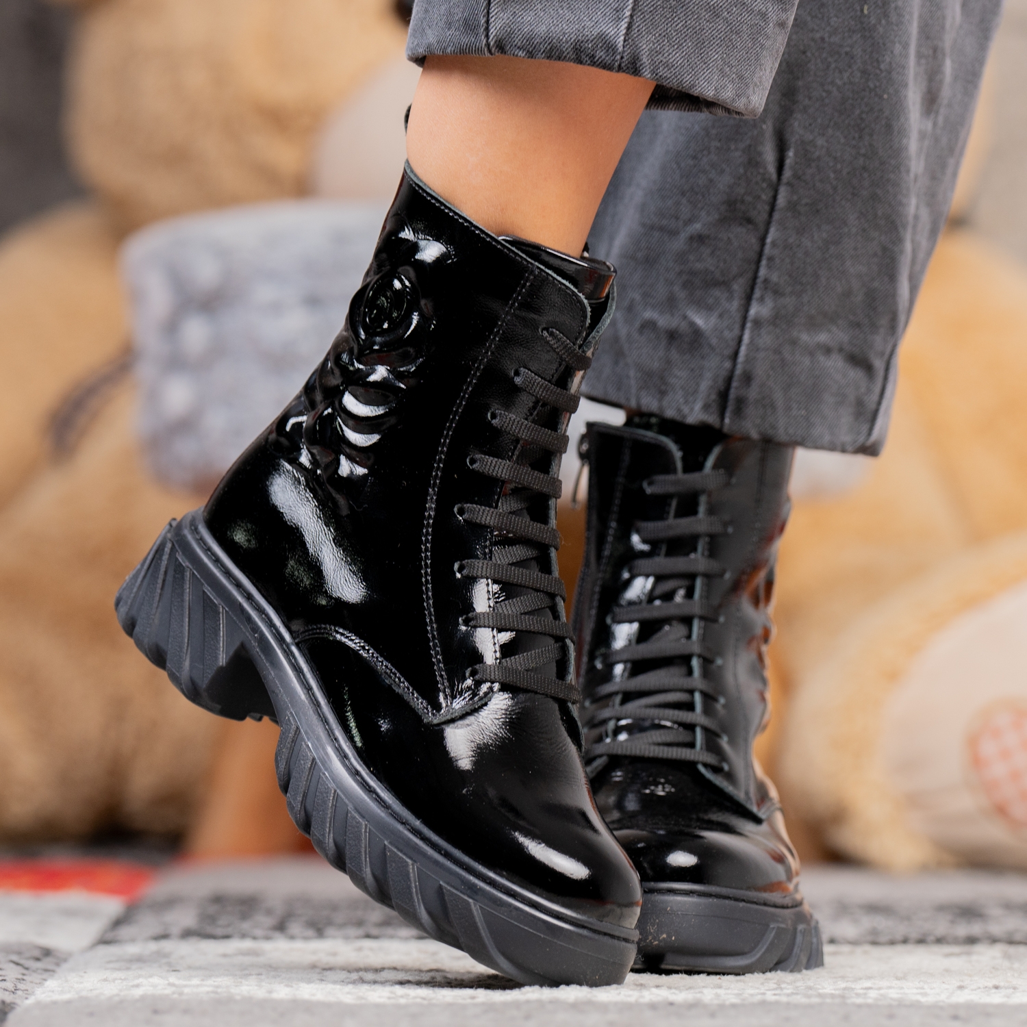 Детски елегантни кубинки PONKI ROSES BLACK-LAK №31-36
