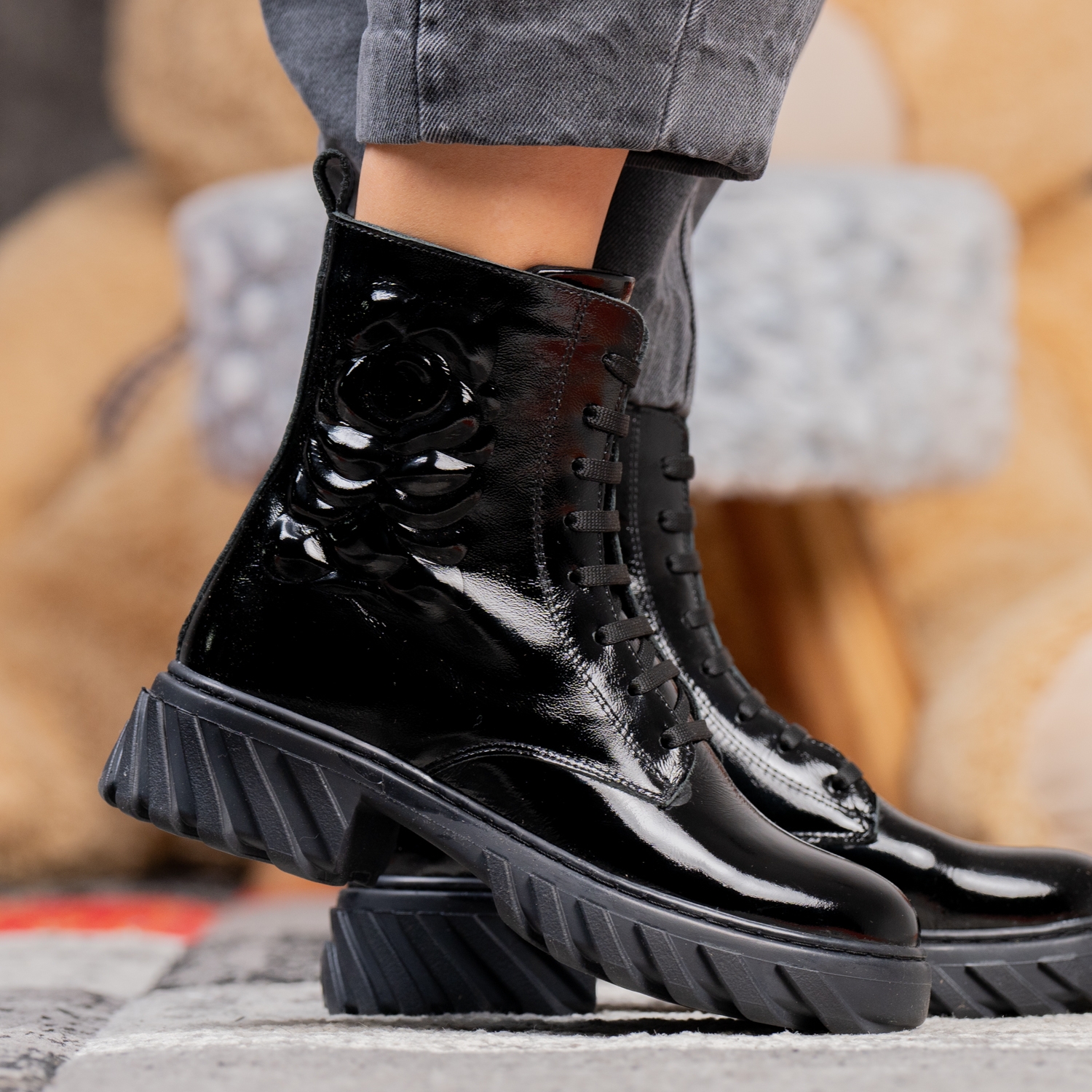 Детски елегантни кубинки PONKI ROSES BLACK-LAK №31-36