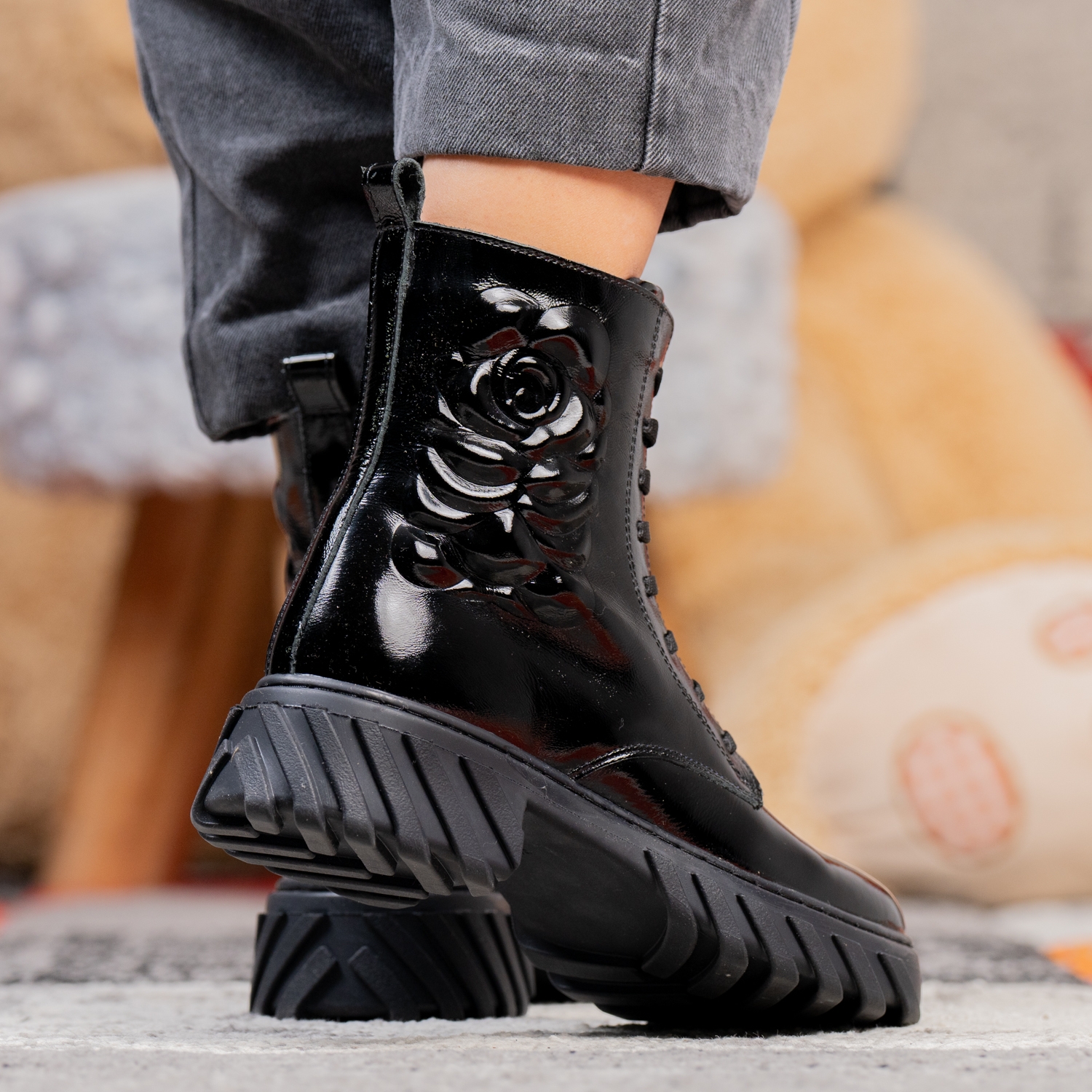 Детски елегантни кубинки PONKI ROSES BLACK-LAK №31-36